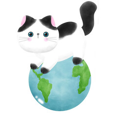 Cute cat international cat day kitten and world watercolor style illustration element Png