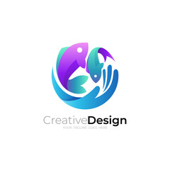 Fish logo and hand design combination, business logos