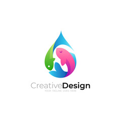 Water drop logo and fish design combination, blue color