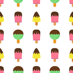 Seamless pattern with triangular, circle and square ice cream shapes in yellow, green and pink colors and topped with chocolate on a white background.