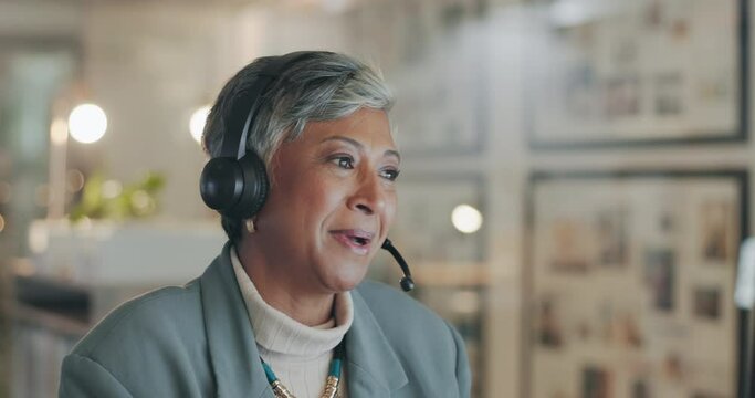 Customer support, computer video call or senior happy woman consulting, discussion and wave goodbye in webinar consultation. Telemarketing, smile or elderly person face talking in online conference