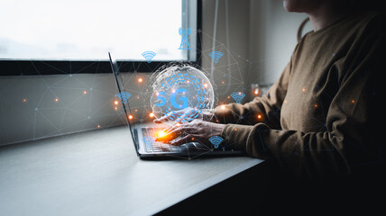 Big data and analytics visualization technology with scientist analyzing information structure on virtual screen, machine learning to extract predictions for business, internet of things, iot	