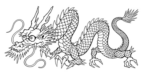 中国や日本の龍の線画　2024年 辰年の年賀状イラストの素材