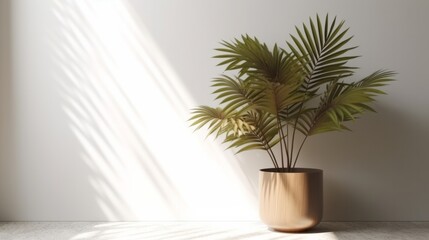 Obraz premium tropical palm tree pot on white clean clear wall with sun light and shade beautiful backdrop mockup nature template design,ai generate