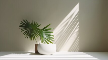 tropical palm tree pot on white clean clear wall with sun light and shade beautiful backdrop mockup nature template design,ai generate