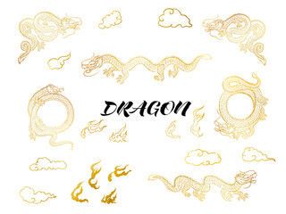 手描きのキラキラゴールドのドラゴンと雲のイラストセット