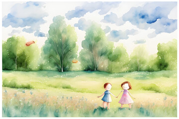Naklejka premium a watercolor painting with two children playing on a peaceful lawn created by ai
