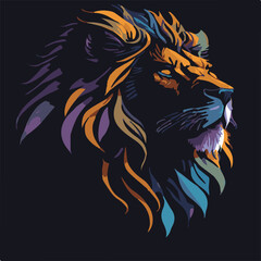 Silhouette of a male lion head for tatoo, icon, symbol, t-shirt design. Black background.