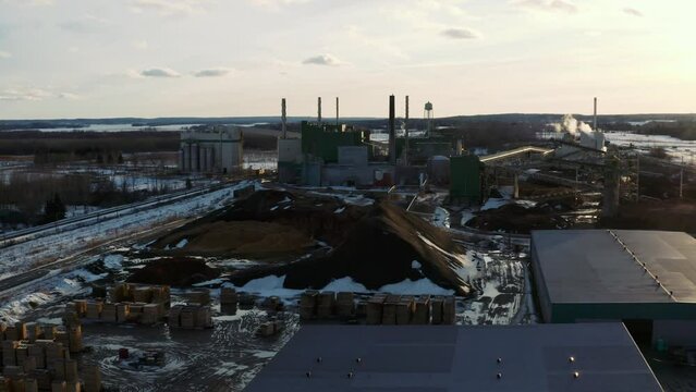 Drone shot of an industrial pulp and paper cellulose mill in Thurso Canada
