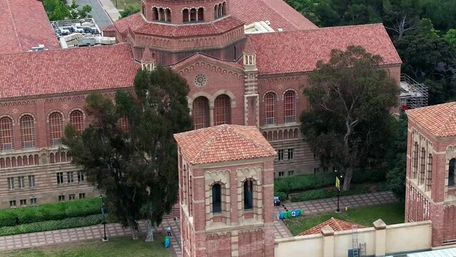 UCLA campus, University of California Los Angeles, isolated Instructional Media building aerial orbit