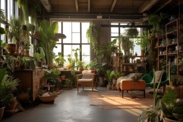 Obraz na płótnie Canvas Sunny spacious room with high windows and lush greenery inside. green shelter. Generative AI. 