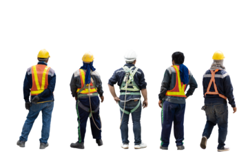 Back view of Construction worker in safety jacket ,Safety Reflective Vest and safety helmet.