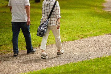 真夏の公園で散歩しているシニア夫婦の様子
