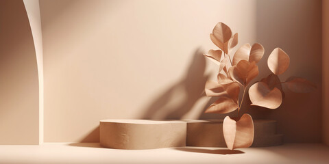 Beige podium for product display presentation. Sandstone and sandy colored plants. Generative AI