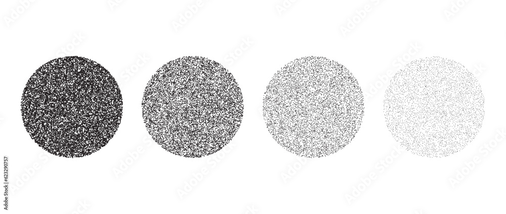Aufkleber set of stippled circle texture. black dotted gritty round element collection. noise grain dot work s
