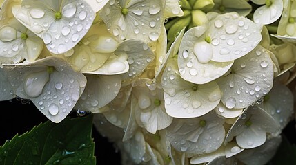 White Hydrangeas flowers with water drops background. Closeup of blossom with glistening droplets. Generative AI