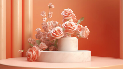 Podium with pink roses on pastel pink background to display products, gift or cosmetics. Generative AI