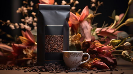 Premium coffee packaging and bean with coffee glass and decorative elements on flower background. Product package for marketing luxury advertisement poster, Ads promo, ad banner. Generative AI