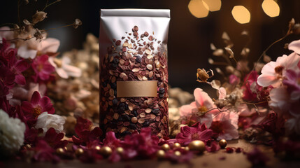 Premium coffee packaging and bean with coffee glass and decorative elements on flower background. Product package for marketing luxury advertisement poster, Ads promo, ad banner. Generative AI