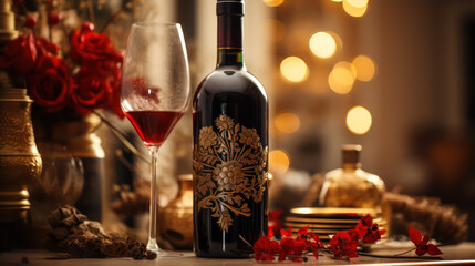 Premium wine bottle mockup. Alcohol wine drink stand on background with wine glass and decorative elements. Beverage product marketing advertisement poster, Ads promo, ad banner. Generative AI