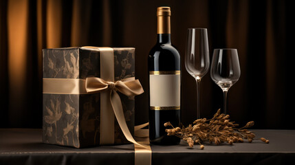Premium wine bottle mockup. Alcohol wine drink stand on background with wine glass and decorative elements. Beverage product marketing advertisement poster, Ads promo, ad banner. Generative AI