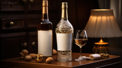 Premium wine bottle mockup. Alcohol wine drink stand on background with wine glass and decorative elements. Beverage product marketing advertisement poster, Ads promo, ad banner. Generative AI