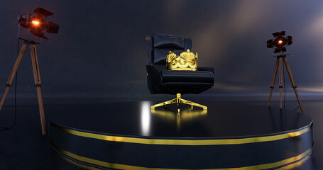 Fototapeta na wymiar A black royal chair with a crown on top, on a black background, 3d render