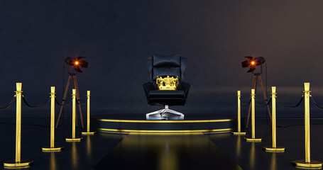 Black royal chair on a red , Crown and black background, VIP throne, Red royal throne, 3d render