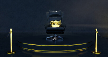 A black royal chair with a crown on top on a black background and Gold Rope Barrier Concept of Success and Triumph, 3d rendering.