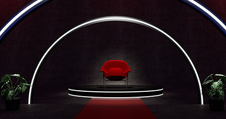 3D render of Red royal chair. Red carpet leading to the luxurious throne.