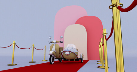 A 3Drender Vespa on a Red Event Carpet and Gold Rope Barrier Concept.