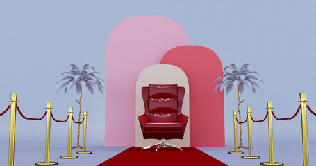 Red royal chair on a red and white background, VIP throne, 3d render
