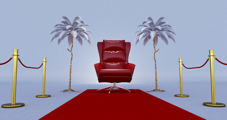 Red royal chair on a red and white background, VIP throne, Red royal throne, 3d render