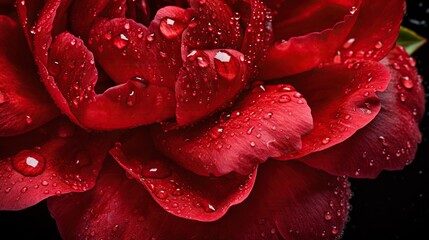 Red Peony flowers with water drops background. Closeup of blossom with glistening droplets. Generative AI