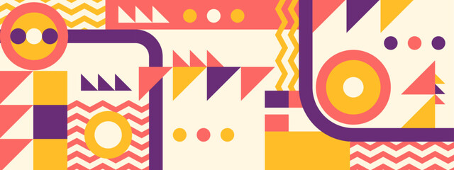 Abstract Geometric Pattern Artwork. Retro colors and color background. Grid with colored geometric shapes. Modern abstract promotional flyer, background, brochure, pattern. © Badr Warrior