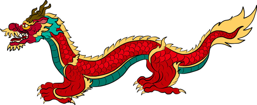 Japanese red dragon tattoo.Dragon on red background for Chinese New Year.Gold Chinese Dragon vector.Gold line art King Dragon tattoo.cartoon vector for t-shirt.