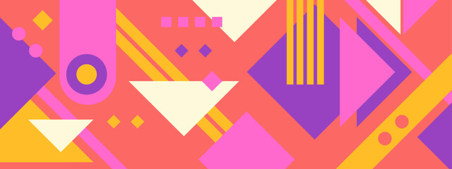 Abstract Geometric Pattern Artwork. Retro colors and color background. Grid with colored geometric shapes. Modern abstract promotional flyer, background, brochure, pattern.