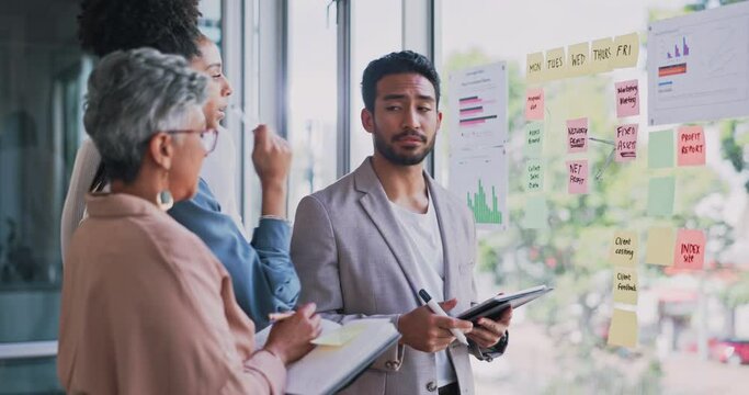 Ideas, planning and business people on glass sticky note of project timeline, calendar and manager for teamwork. Brainstorming, notebook workflow and manager with woman for SEO ideas and job solution