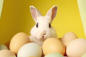 Naklejka na ściany i meble cute white rabbit surrounded by colorful Easter eggs. Generative AI