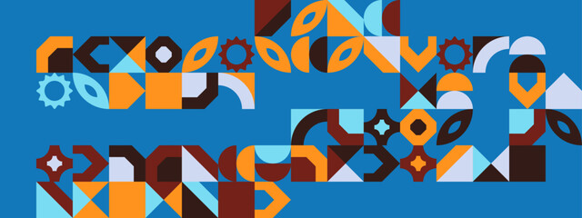 Colorful geometric mosaic seamless pattern illustration with creative abstract shapes. Modern Scandinavian style background print. Trendy bright minimalist shape, texture, geometric collage.