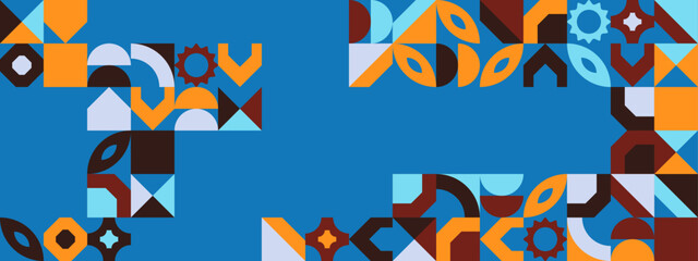 Mosaic covers. Bauhaus style booklet, brochure page. Geometry, mosaic abstract pattern. Future, trendy modern poster, banner. Retro corporate mosaic cover. Dynamic minimal flyer. Vector illustration.