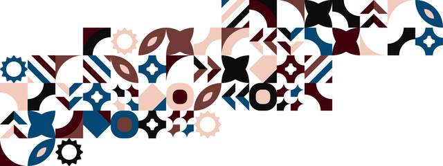 Fototapeta premium Abstract Geometric Pattern Artwork. Retro colors and color background. Grid with colored geometric shapes. Modern abstract promotional flyer, background, brochure, pattern.