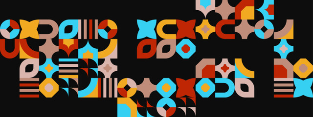 Obraz premium Abstract geometric backgrounds set isolated over brown, vector design elements in retro style of the 70s, modern modular compositions with colorful geometrical shapes.