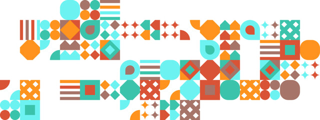 Fototapeta premium Abstract Geometric Pattern Artwork. Retro colors and color background. Grid with colored geometric shapes. Modern abstract promotional flyer, background, brochure, pattern.