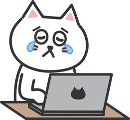 White cartoon cat having sad news online, vector illustration. 