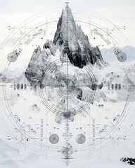 Infographic data visualization overlayed on mountain landscape