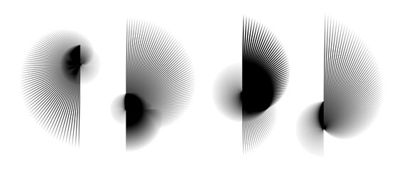 Abstract curved spiky elements set. Radial spiral spokes objects collection. Thin thorn semicircle shapes and angular sunburst bundle for posters, collages, decoration. Vector black futuristic pack