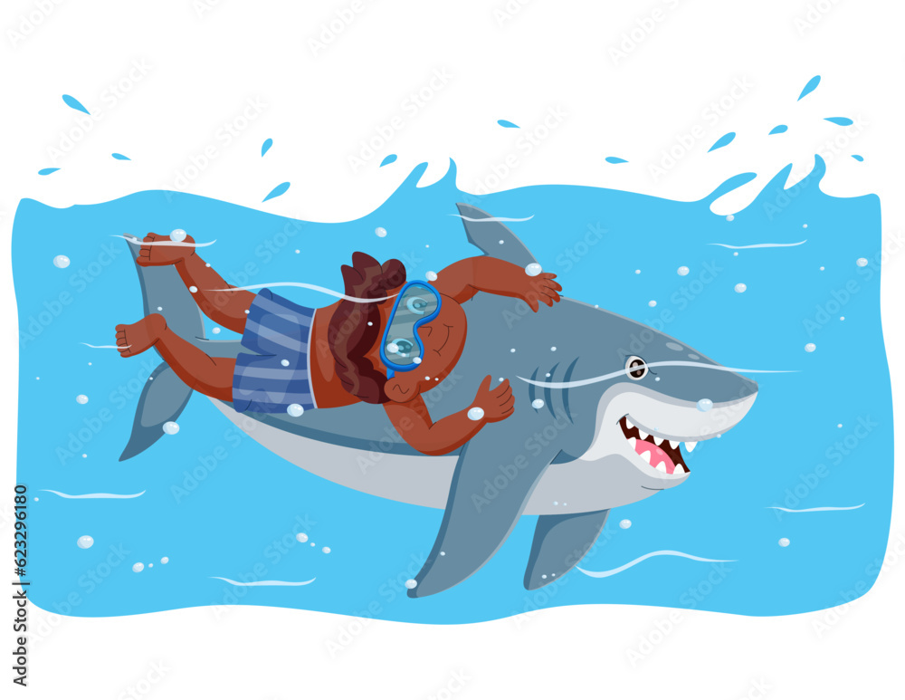 Wall mural Kid Swimming With Shark. Vector illustration