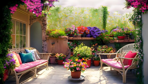 Home Decoration, Photography illustration featuring a charming outdoor patio adorned with colorful flowers and comfortable seating in the Anytime environment.