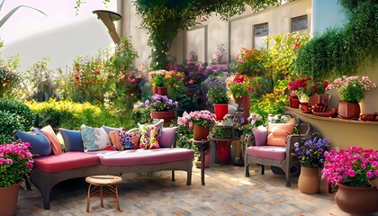 Home Decoration, Photography illustration featuring a charming outdoor patio adorned with colorful flowers and comfortable seating in the Anytime environment. - obrazy, fototapety, plakaty